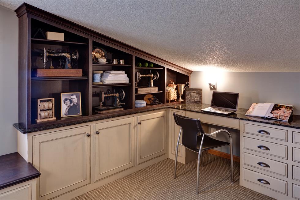 workstation, custom cabinets, desk, craft room