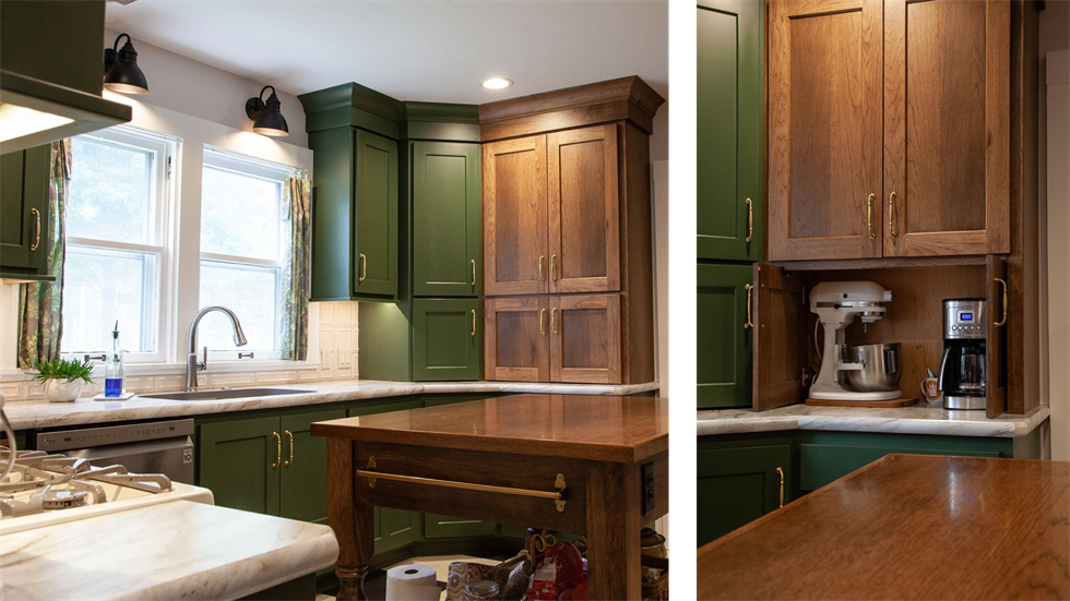 Custom kitchen cabinetry in stain and green paint