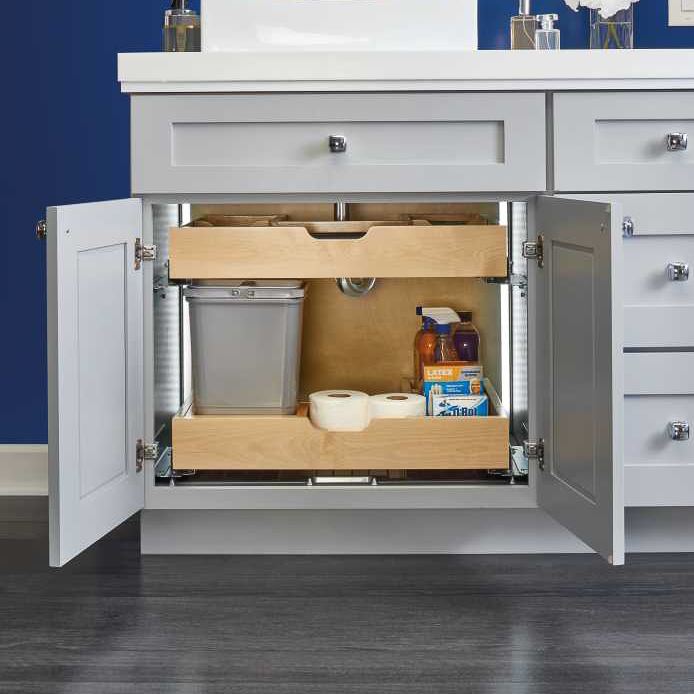 For Bathroom/Vanity - L-Shape Reversible Under Sink Pullout Organizer, with  BLUMOTION Soft-Close Slides by Rev-A-Shelf